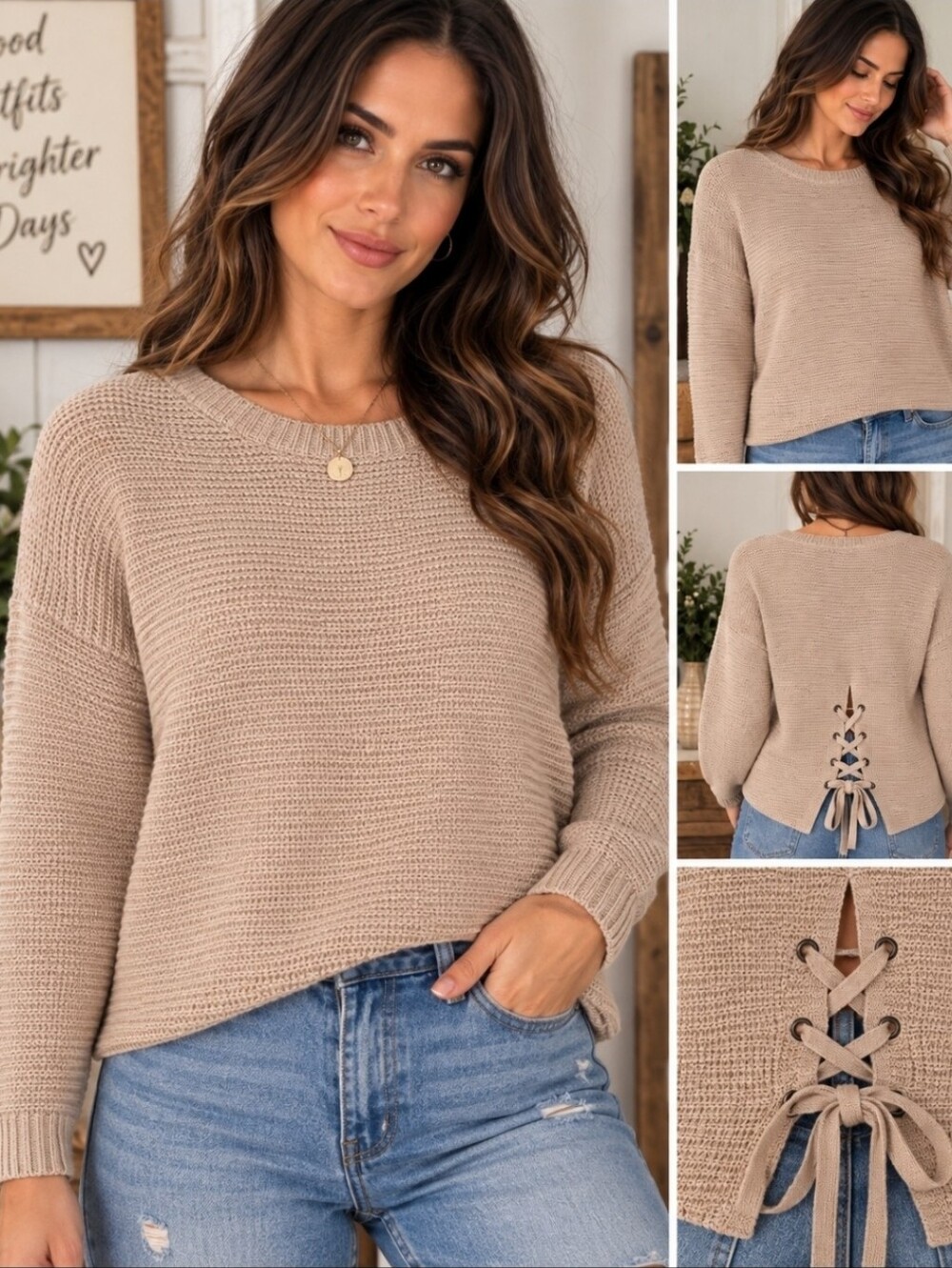 Lace-Up Back Knit Sweater – Size Large